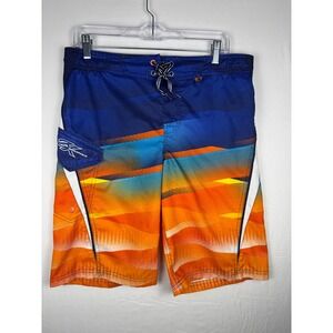 ZeroXposur Mens Board Shorts Blue Orange Sunset Geometric Swim Trunks XL 14/16